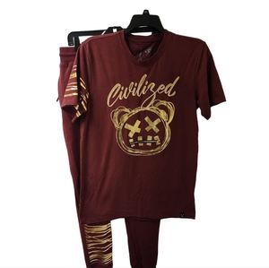Civilized Burgundy Gold Zipper Bear Shirt and Joggers